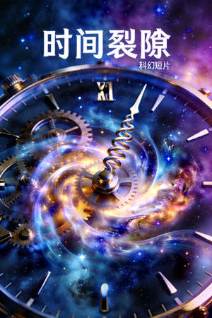 科幻短片《时间裂隙》海报 - 时钟与星空扭曲融合